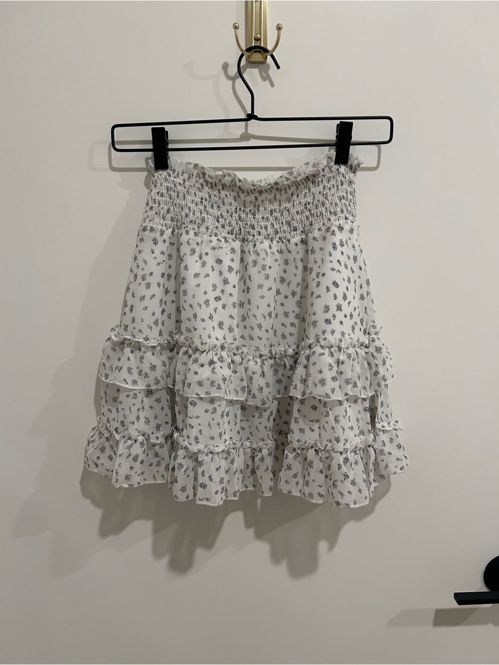 White Mini Skirt with Gray Floral Ruffle Tiers